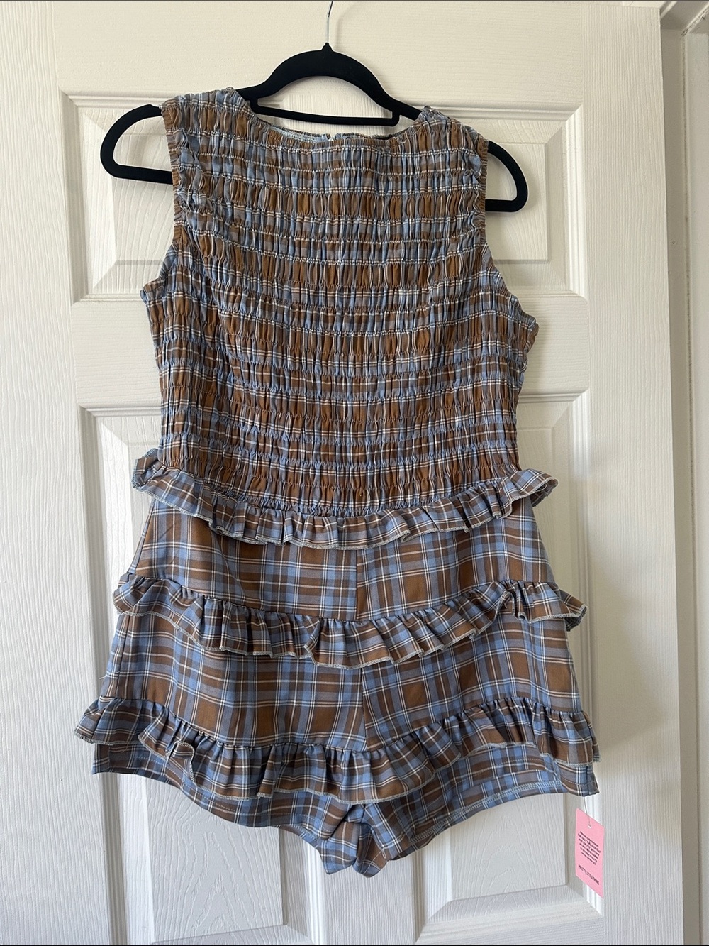 PrettyLittleThing Brown and Light Blue Plaid Ruffle Romper